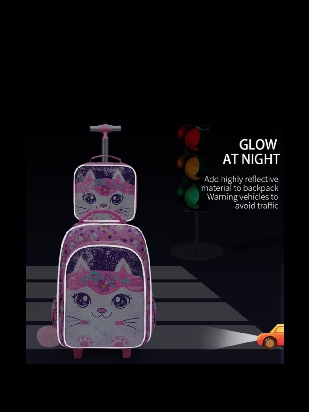 3pc Girls Rolling Backpack Set - Flip Sequin Cat School Bag, Lunch Box & Pencil - Picture 17 of 17
